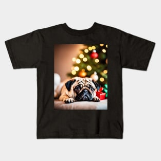 Christmas Pug Dog on Pillow Kids T-Shirt